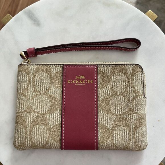 Coach Khaki/Dark Fuchsia Signature PVC Leather Corner Zip Wristlet Wallet - Picture 2 of 8